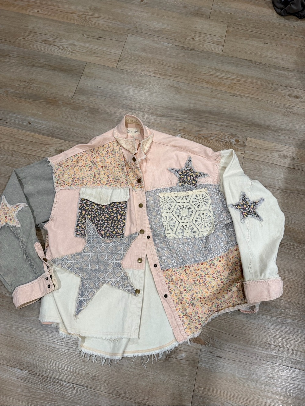 Oli & Hali Patchwork Star Button-Up Shirt Jacket in Pink, Gray, Cream